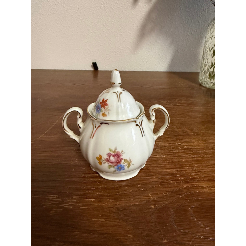 Vintage GKC Bavaria Germany US Zone Covered Sugar Bowl Floral Gold Trim 1940s